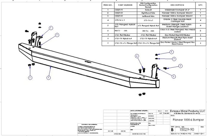 Exploded view of the EMP 15029 rear bumper for the Honda Pioneer 1000-6