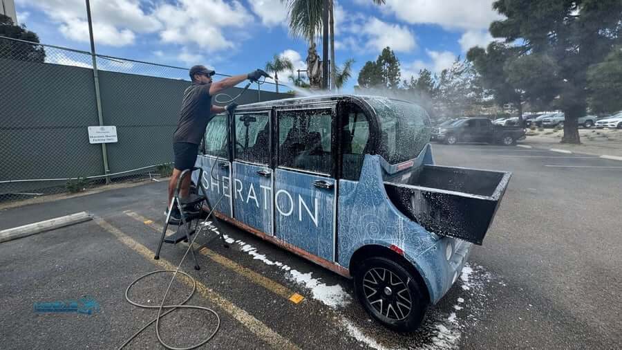 San Diego hotel airport shuttle exterior after professional fleet washing service