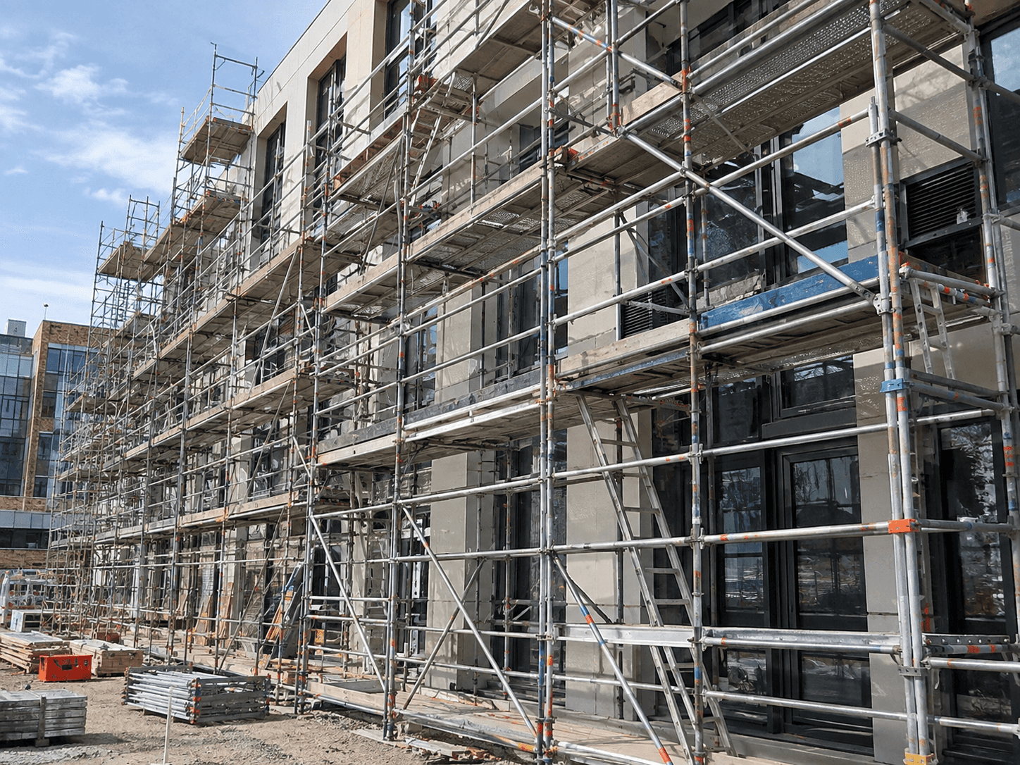 what is scaffolding in construction Multi-level construction scaffolding installed along the exterior of a commercial building