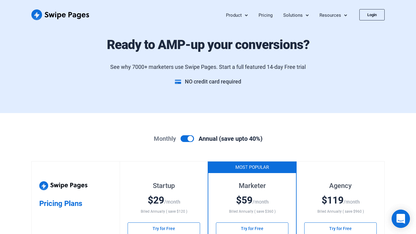 Swipe Pages annual pricing