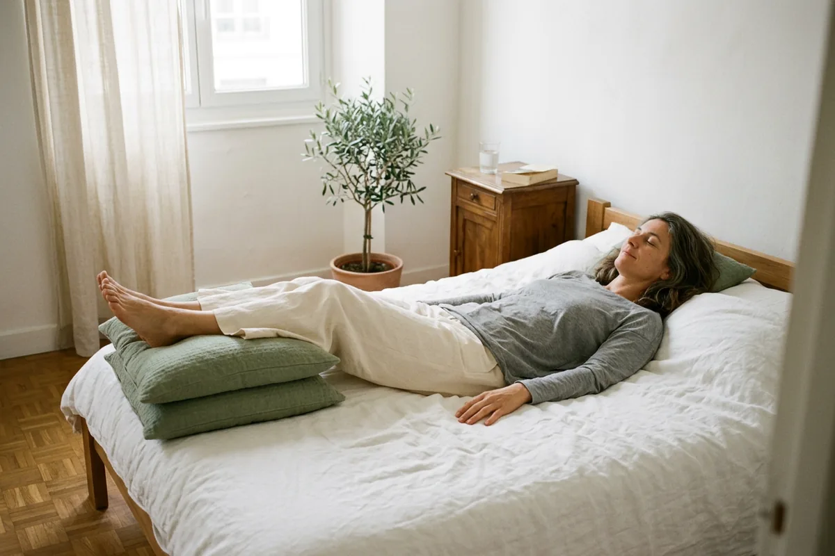 Femme allongée sur son lit, les jambes surélevées sur deux oreillers en fin de journée