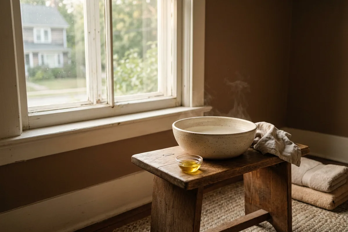 Shallow ceramic basin of warm water with folded towels, set up for a sitz bath at home