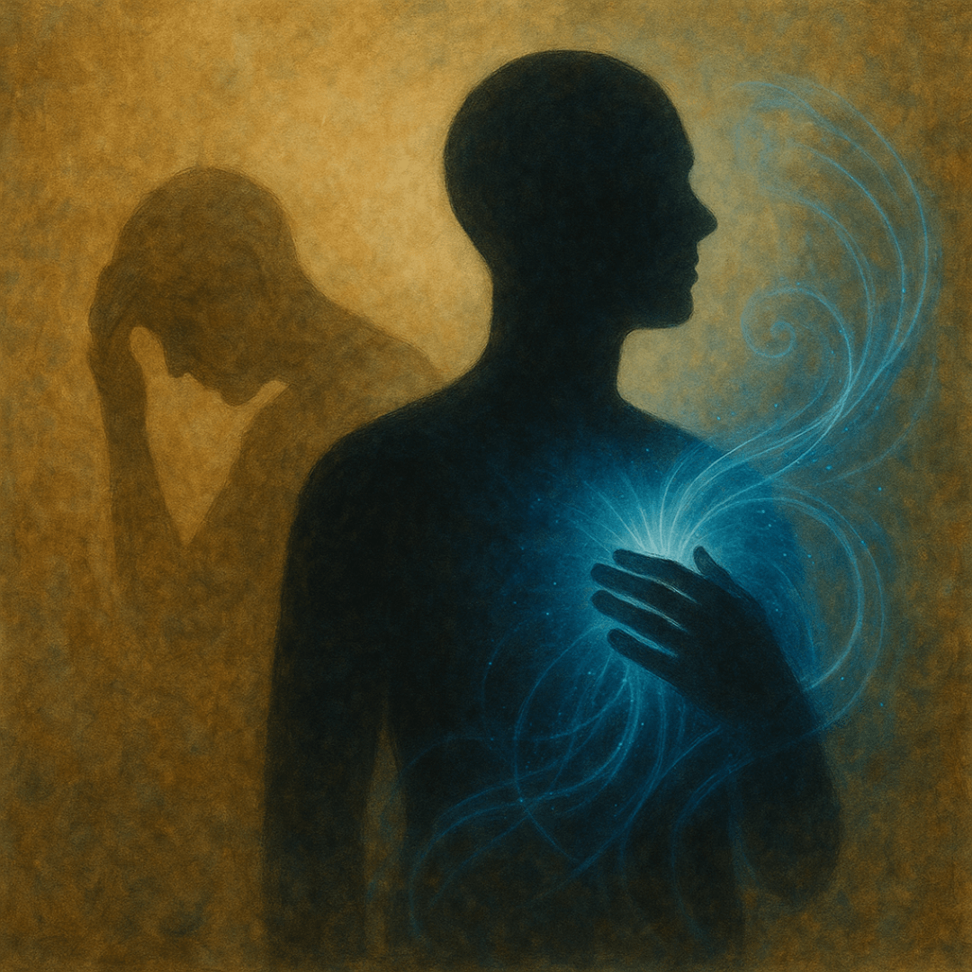 A composite portrait of a person living with pain, shifting from distress to calm as RH Frequencies swirl gently around their chest.