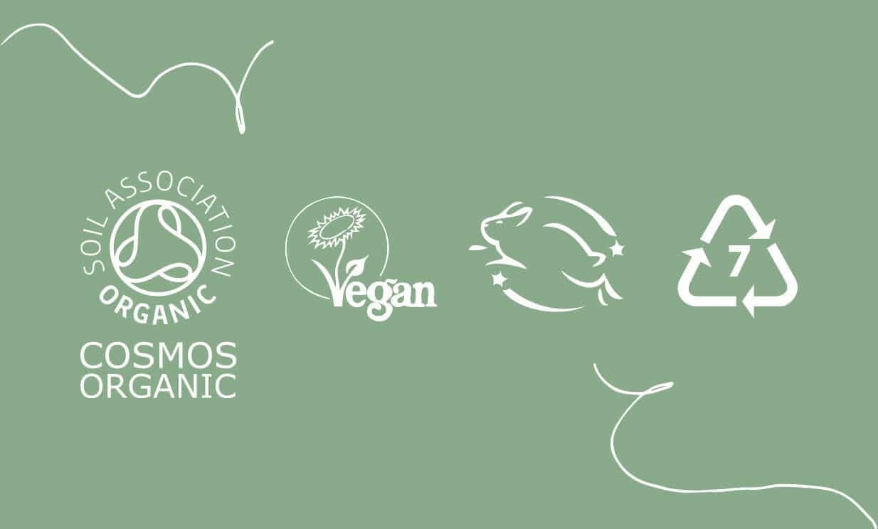 Sustainable skincare certification logos including Soil Association Organic, Vegan, Cruelty-free and recycling symbols on sage green background
