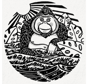 Hand-drawn image of an Orangutan in waves