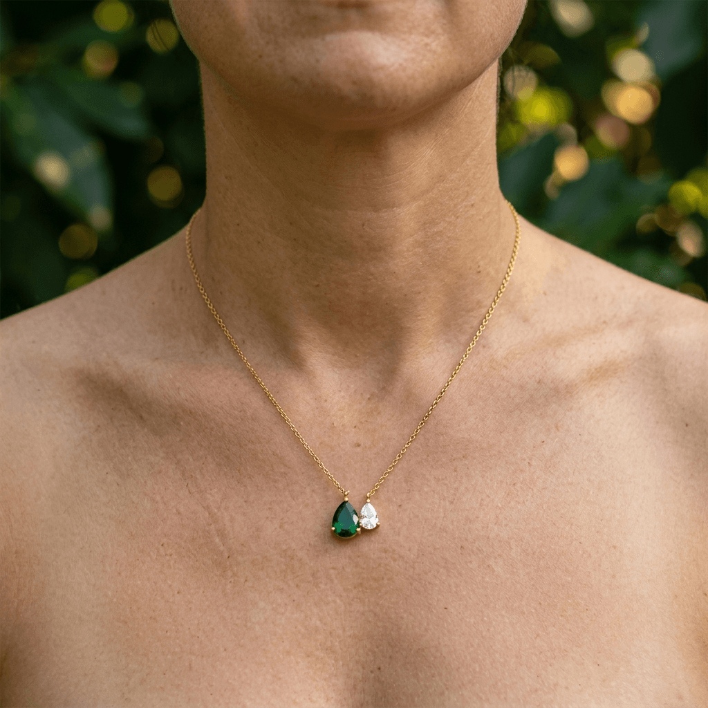 Emerald Green Double Pear Pendant Necklace