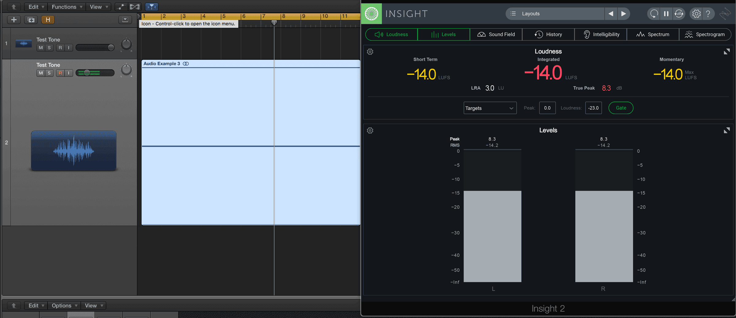 Test tone boosted beyond 0 dBFS, level matched