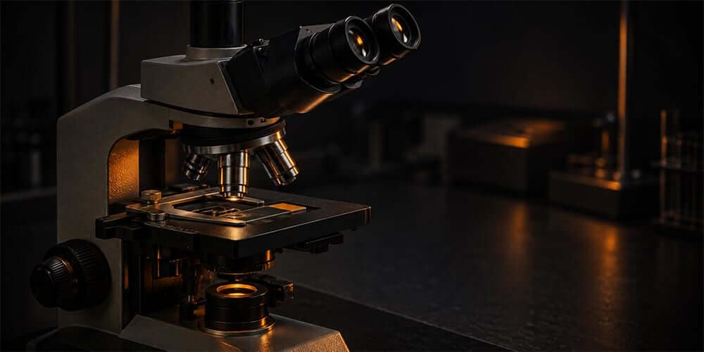 Compound microscope on a dark lab bench, used for spore taxonomy research.