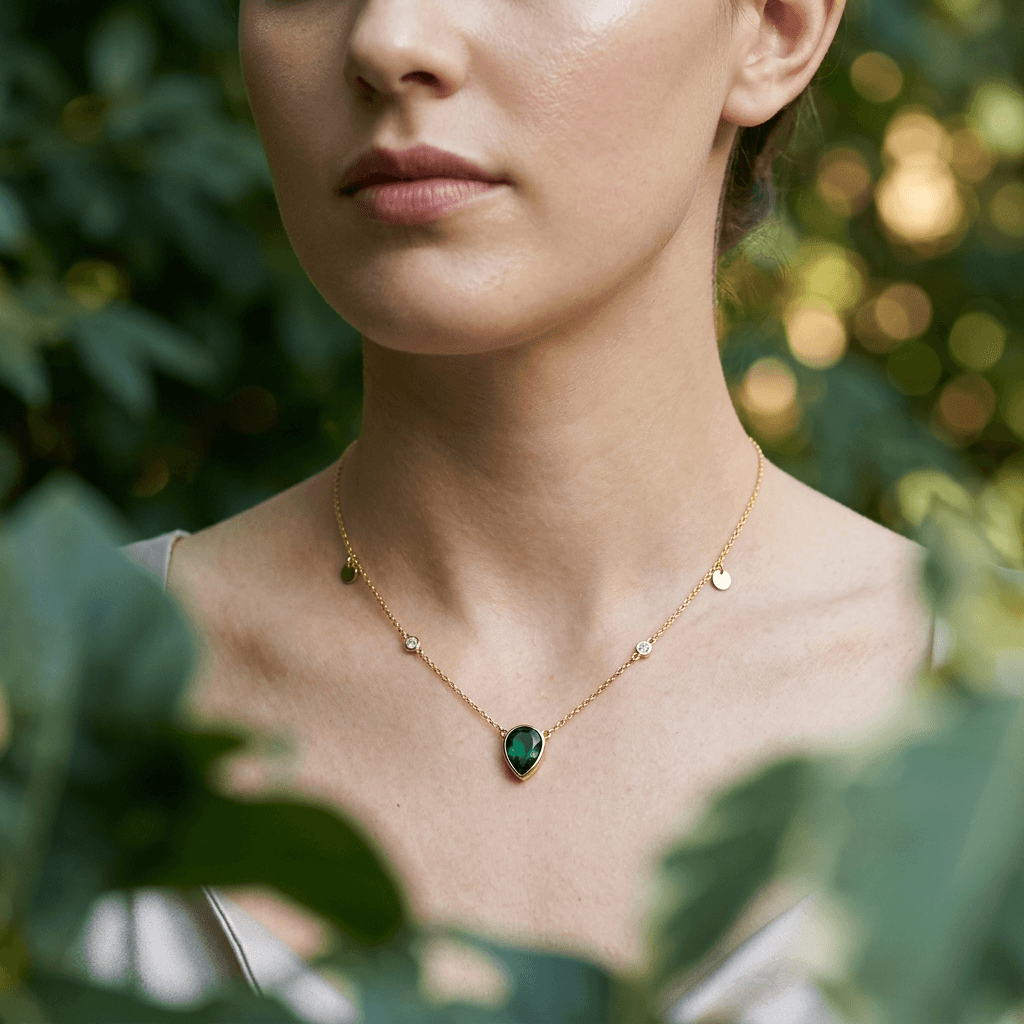 Emerald Green Pear Charmed Chain Necklace