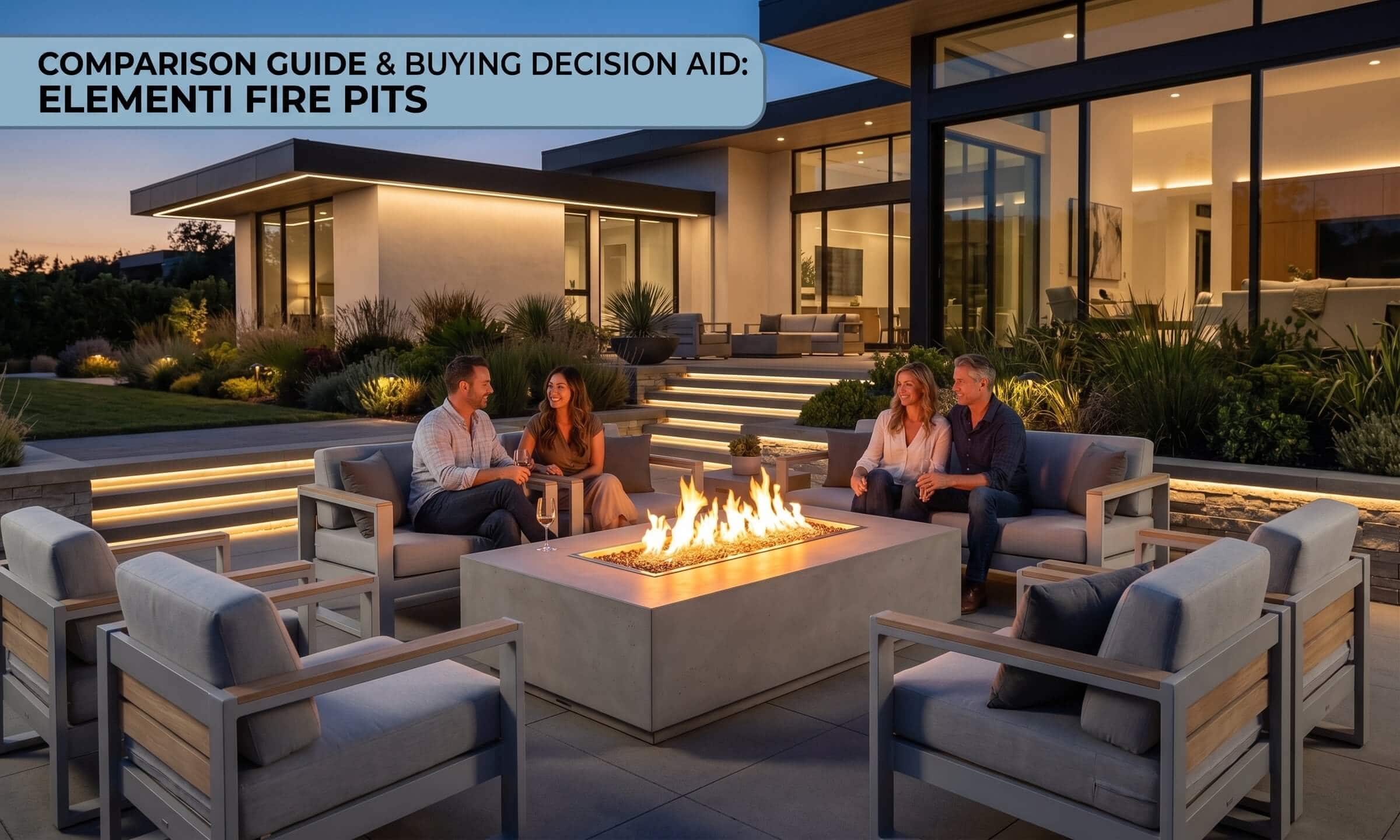 Elementi fire pit comparison guide and buying decision aid featured on a luxury modern outdoor patio setting by Lux Yard and Homes