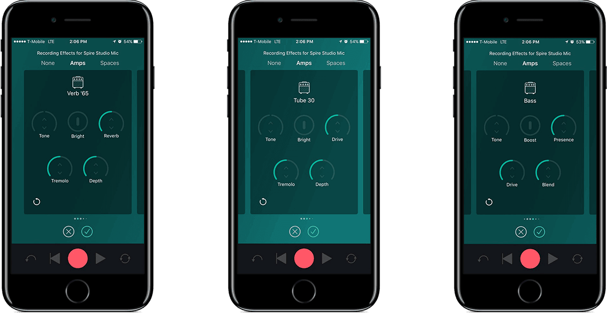 Three amp emulations available on the Spire app: Verb ‘65, Tube 30, and Bass