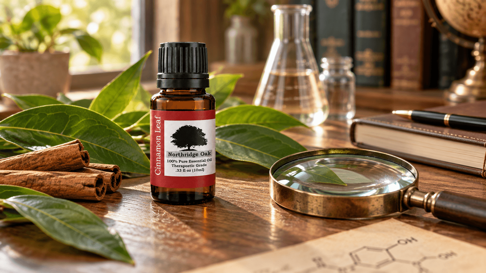 Cinnamon Leaf essential oil with fresh leaves, scent strips and research notes on a warm study desk