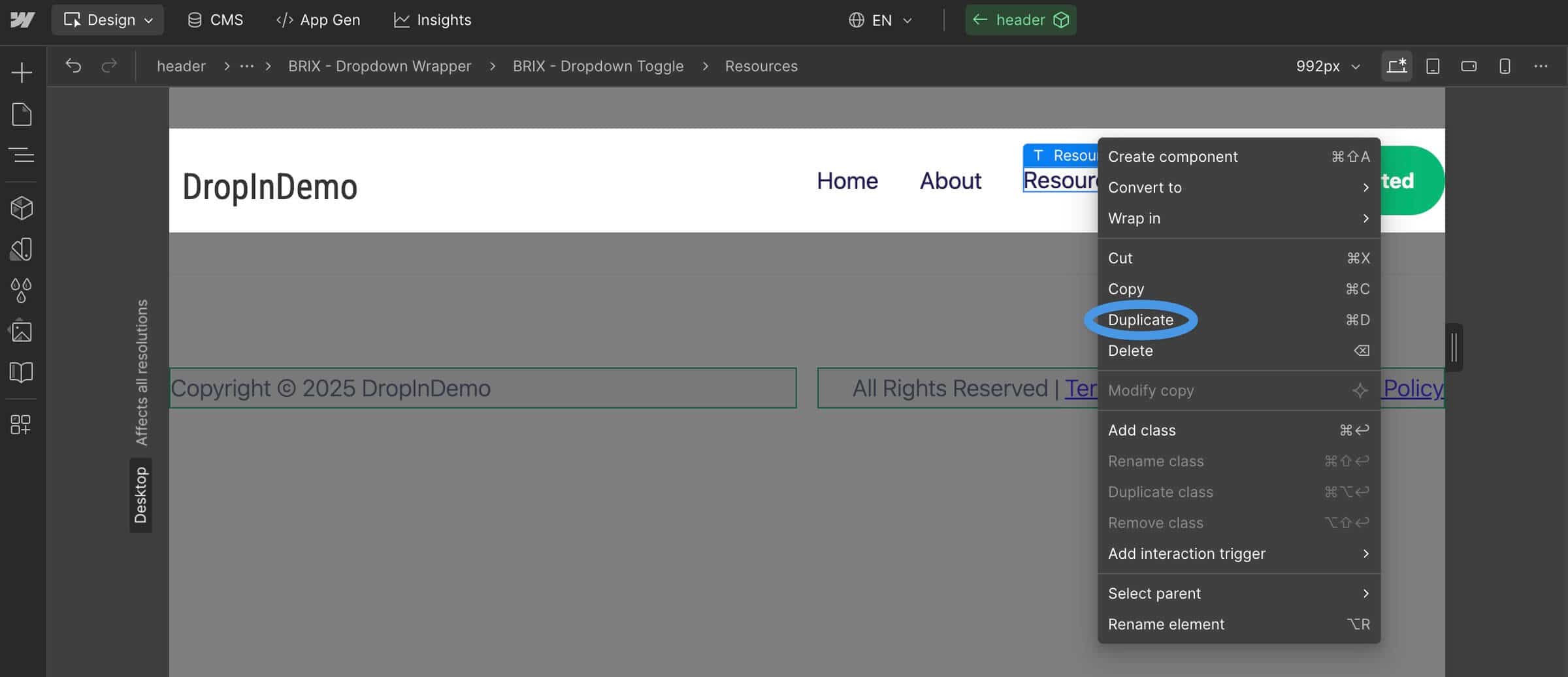 Duplicate a menu item in Webflow