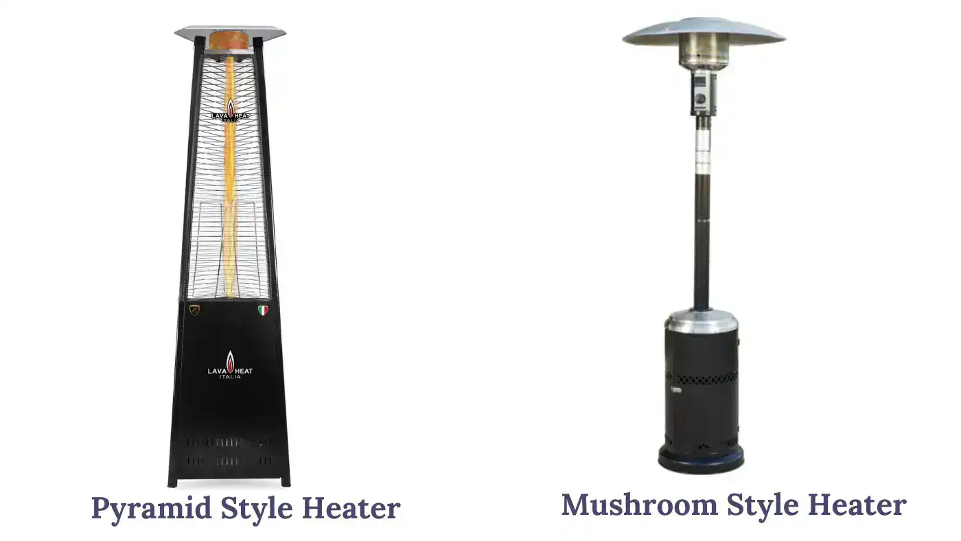 pyramid and mushroom style outdoor propane patio heater side by side comparison