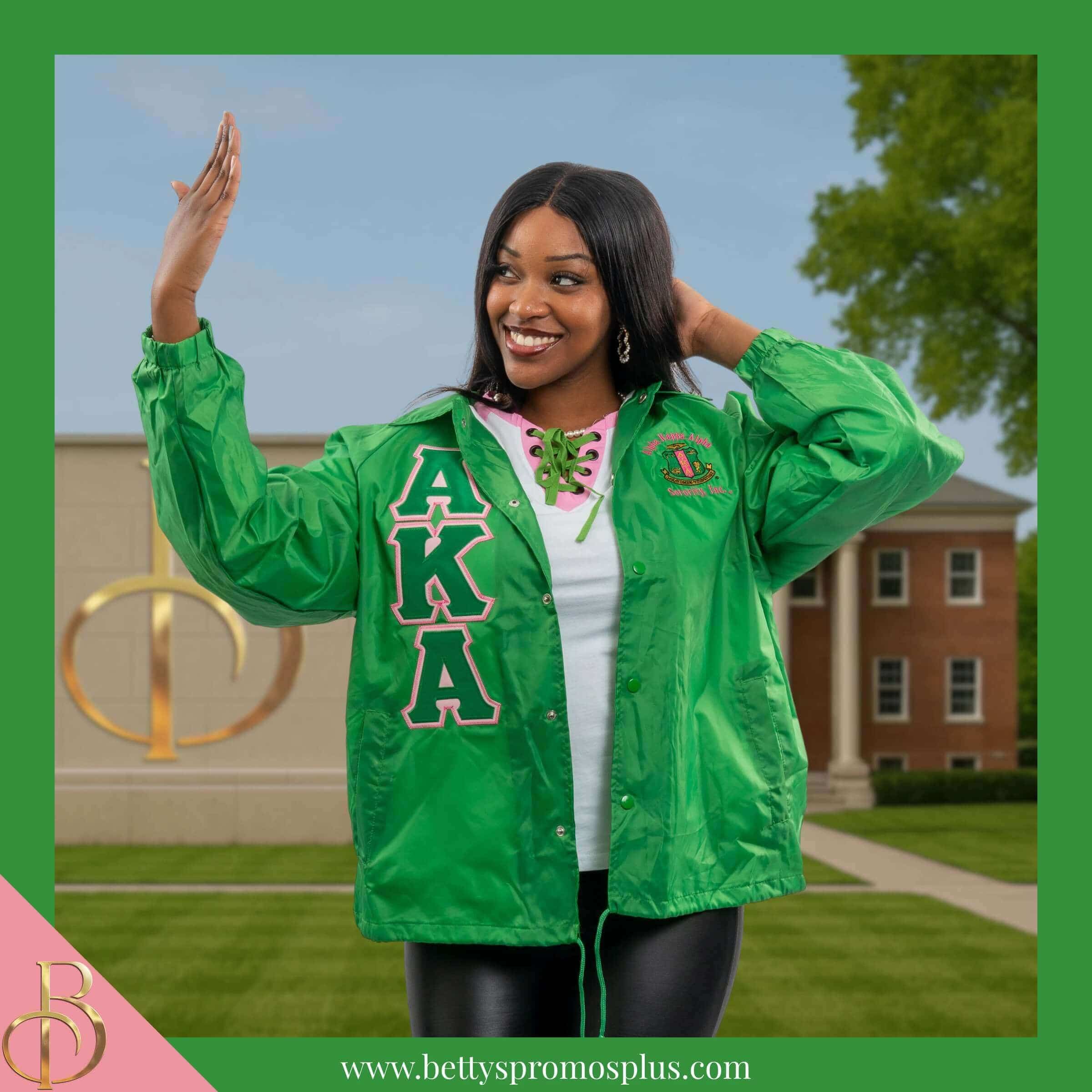 Green Alpha Kappa Alpha Line Jackets with pink and green AKA Greek letters
