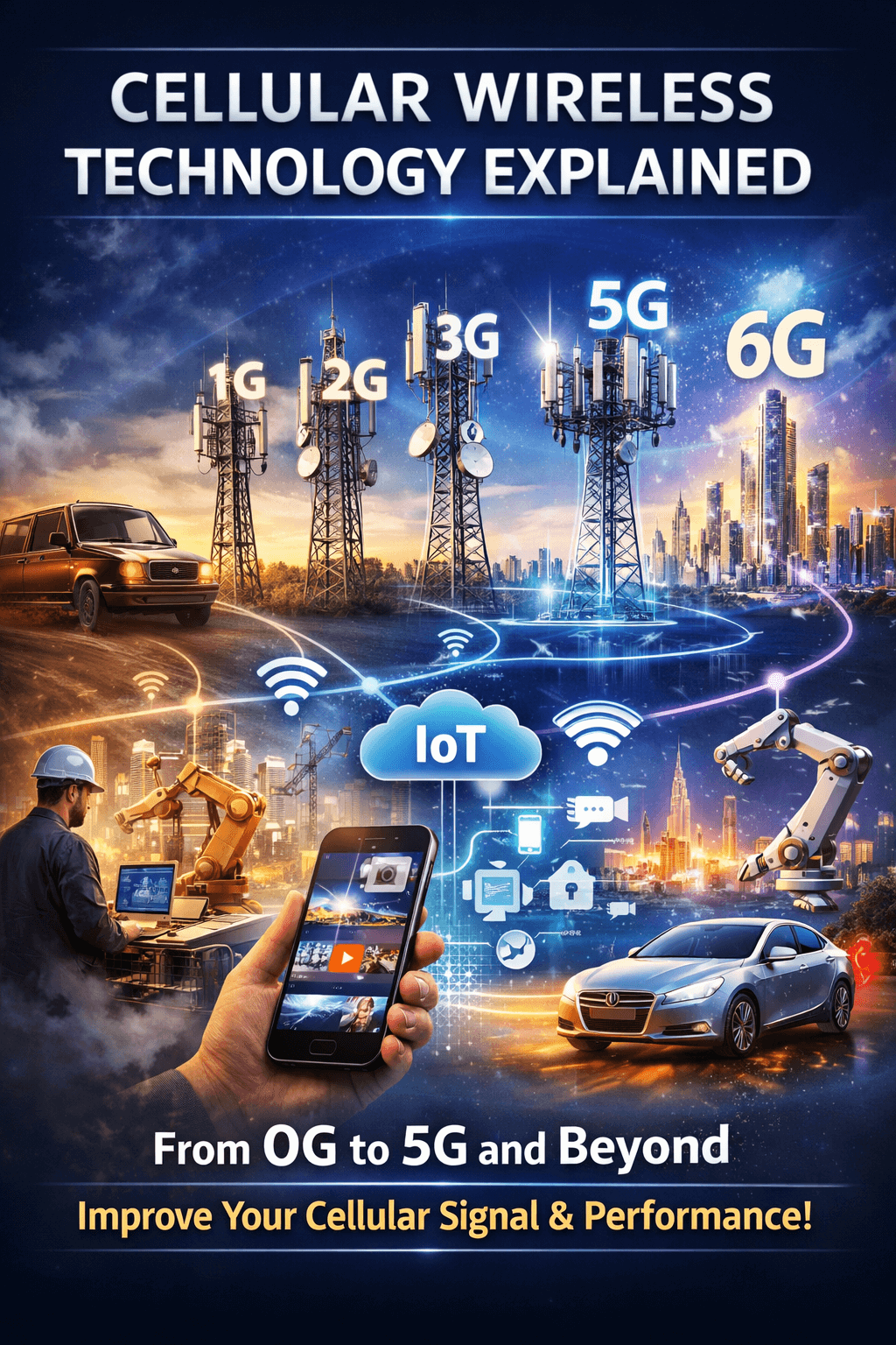 Timeline infographic comparing cellular wireless technology generations 0G through 6G