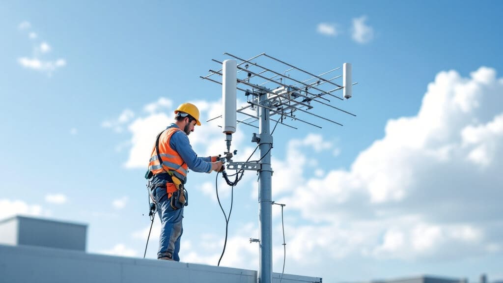Technician installing an outdoor fiberglass antenna on a galvanized pole with a U-bolt antenna mount and stainless L-bracket on a rooftop