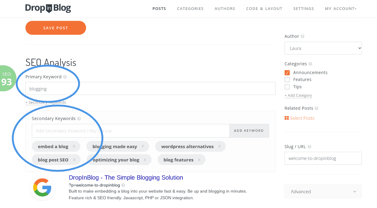How to do keyword research: DropInBlog dashboard