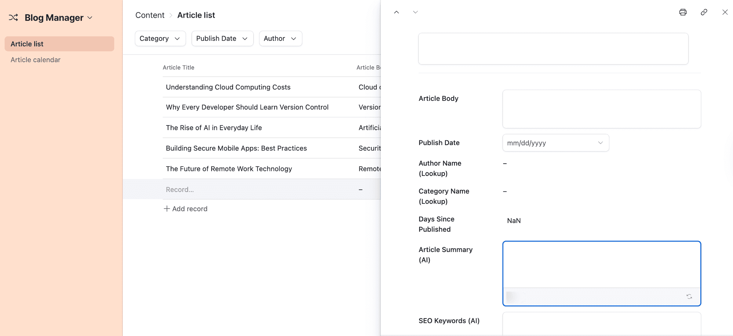 Adding blog post data inside Airtable