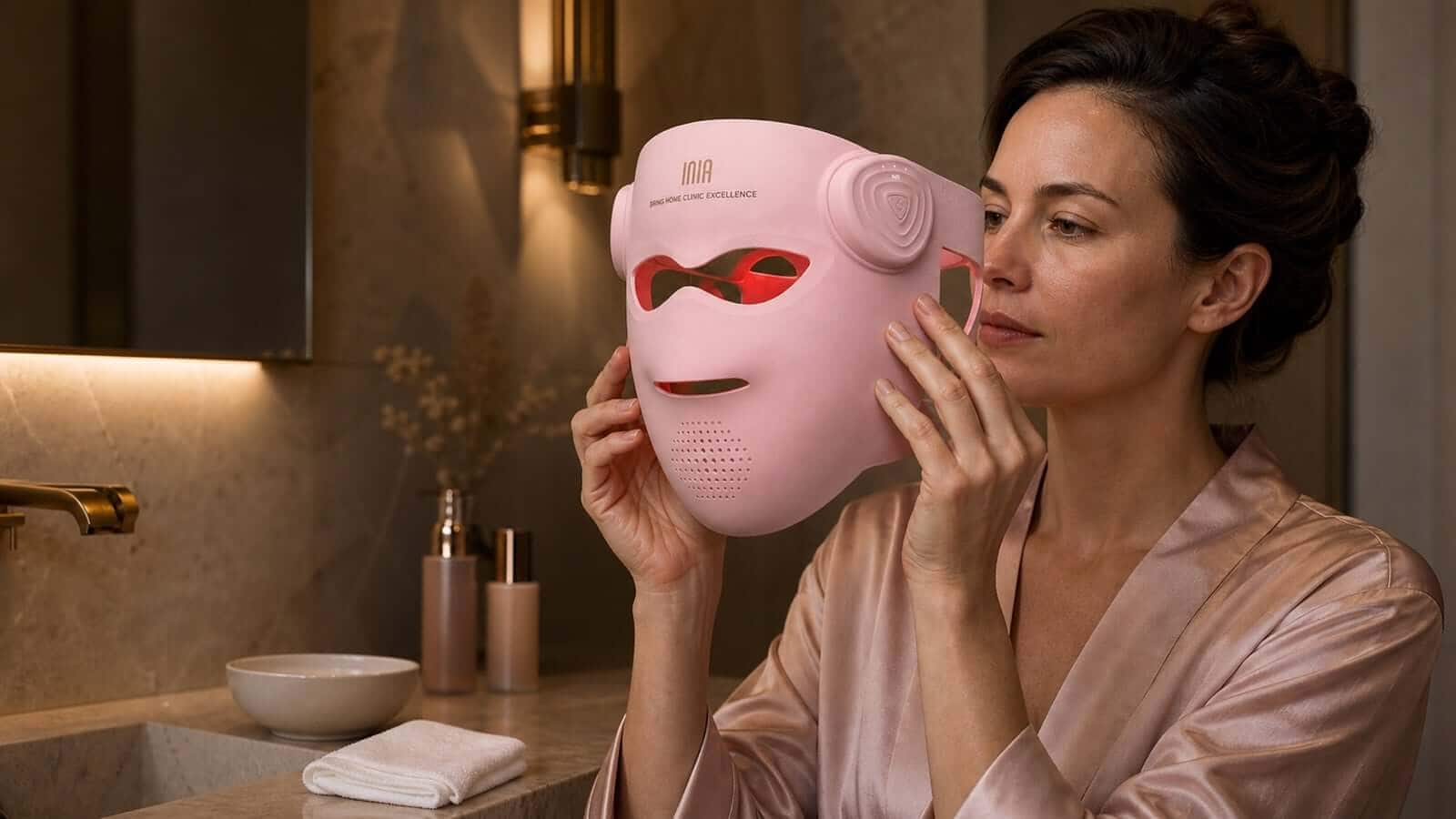 Woman holding an illuminated pink INIA GLOW 4D mask beside her clean face before applying skincare