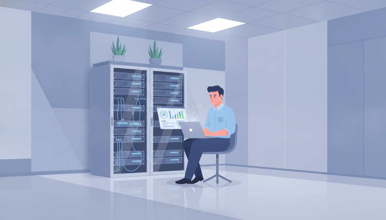 IT technician monitoring server backup and recovery status in a server closet