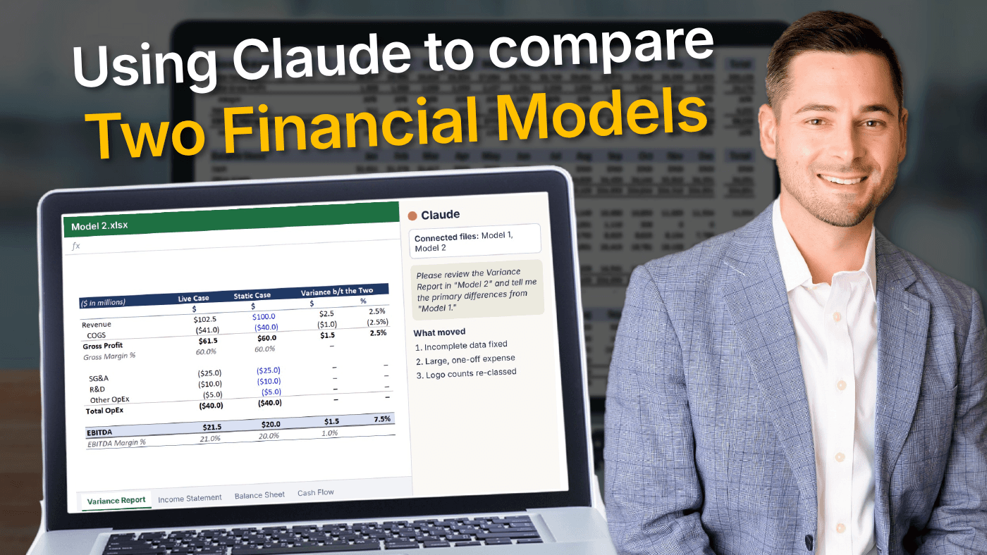Chris Reilly using Claude to compare two financial models, with a Variance Report on a laptop screen