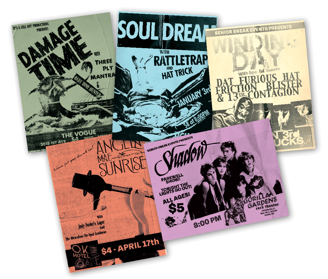 Show flyers for the bands both real and imagined in Mike McCready’s “Farewell to Seasons.”