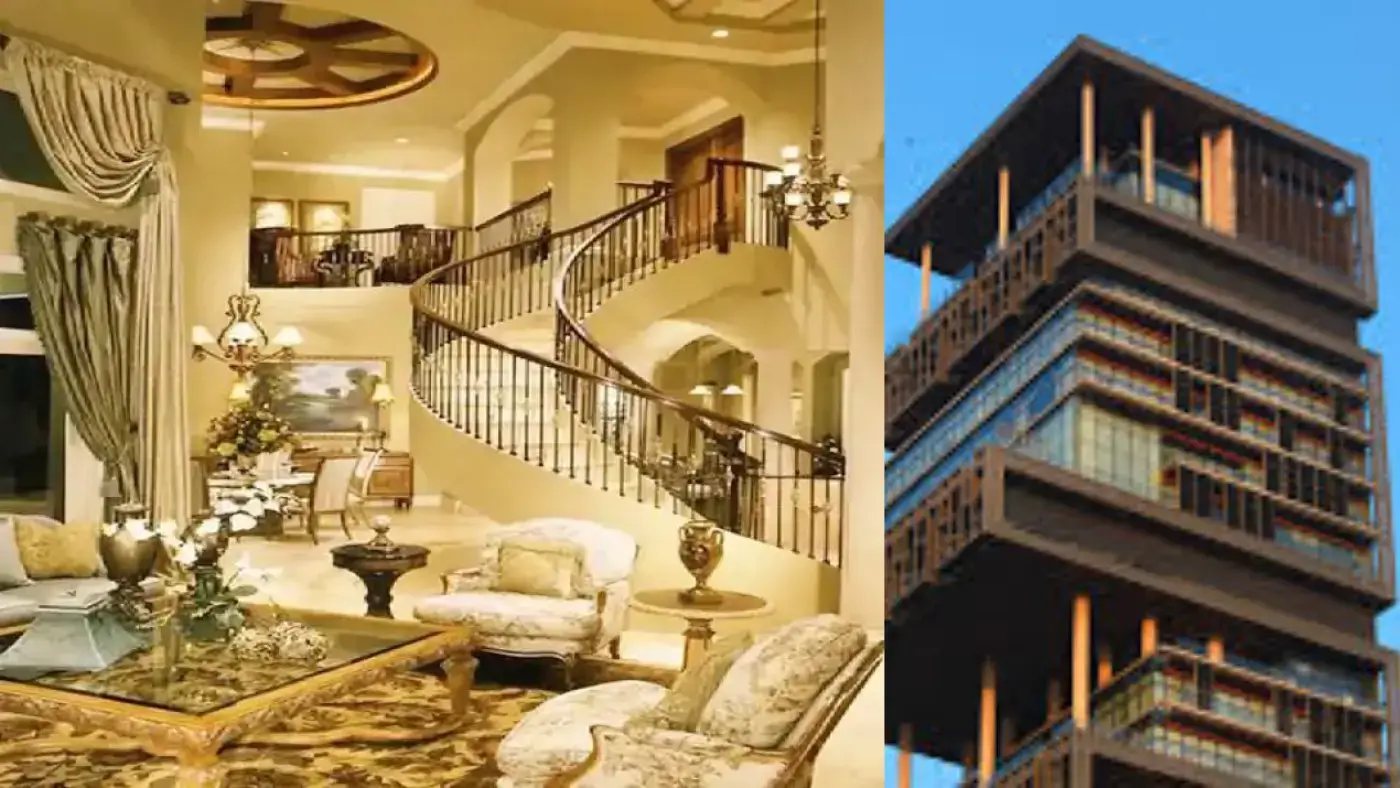 Two images of luxurious homes: a spacious living room with a grand staircase and a tall, modern building with multiple stories.