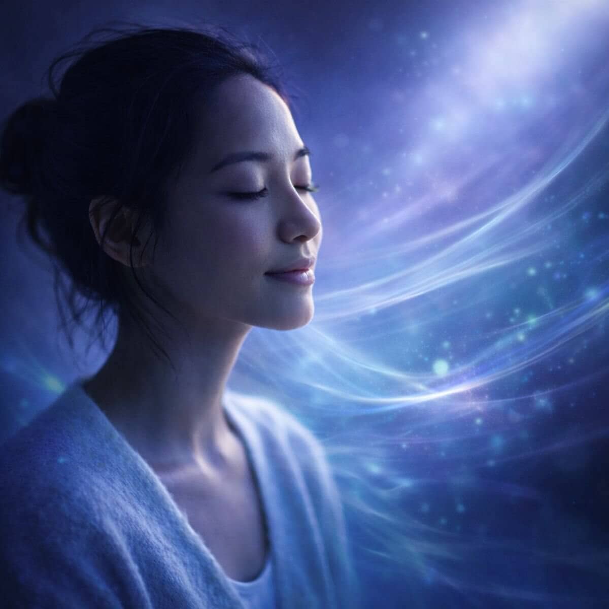 Portrait of a calm young woman with eyes closed, surrounded by flowing blue, green, and violet light—capturing a quiet moment of being ready to heal.