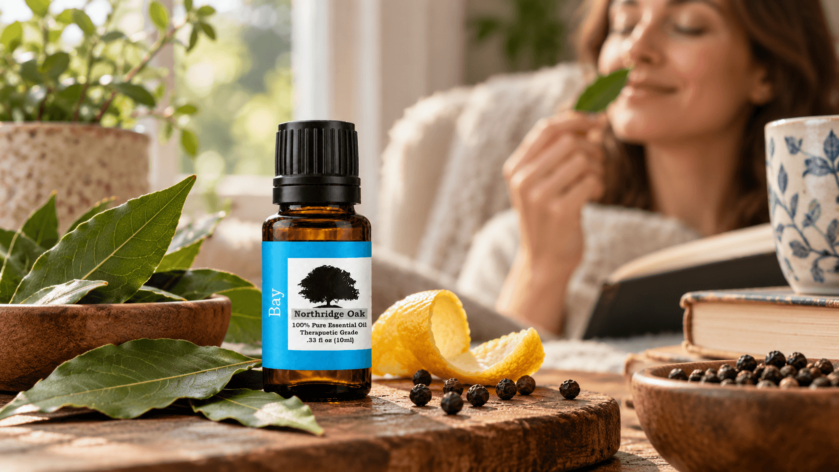 Bay Laurel essential oil with bay leaves, citrus peel and peppercorns in a cozy reading nook