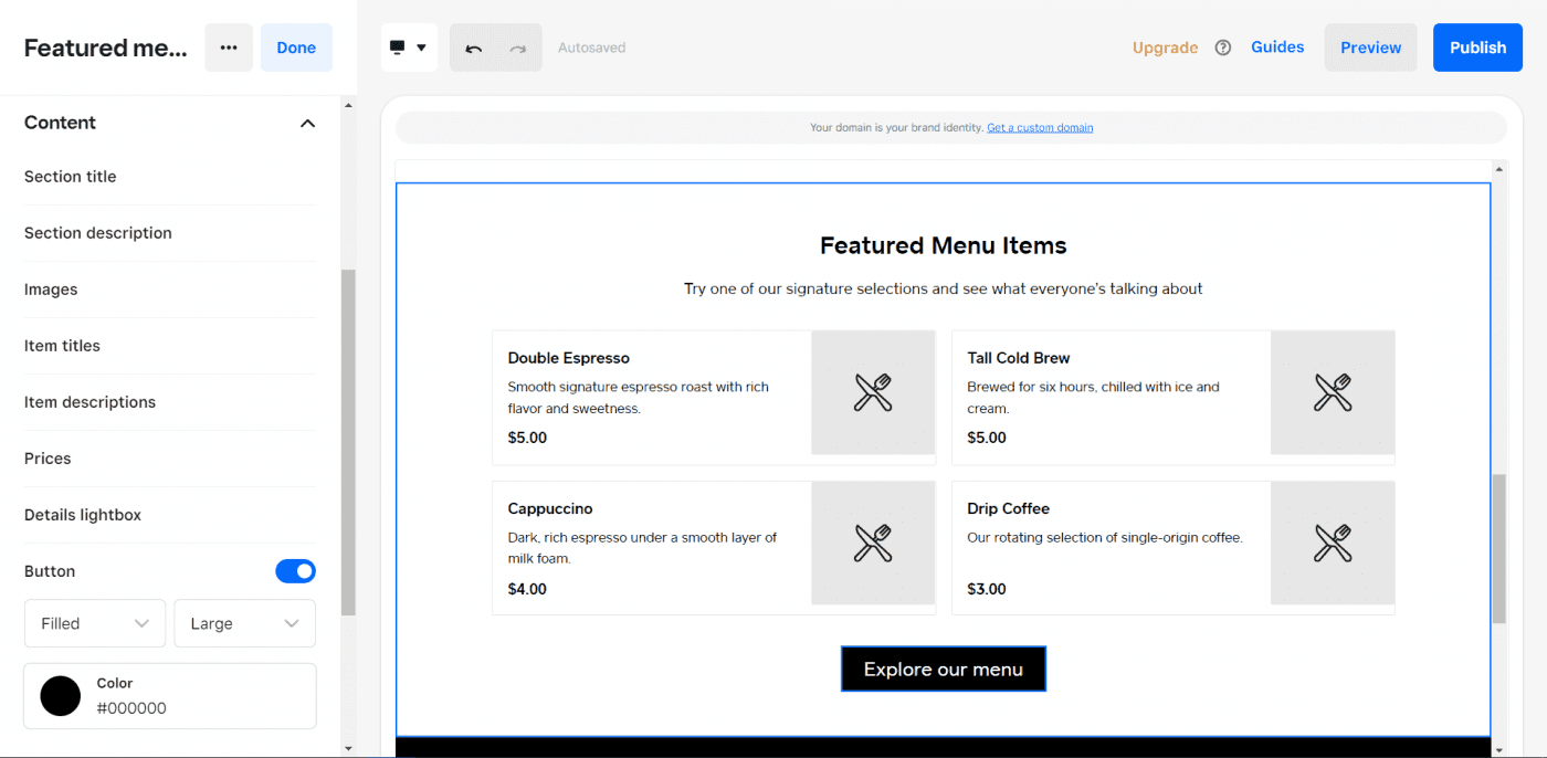 Square Online button customization