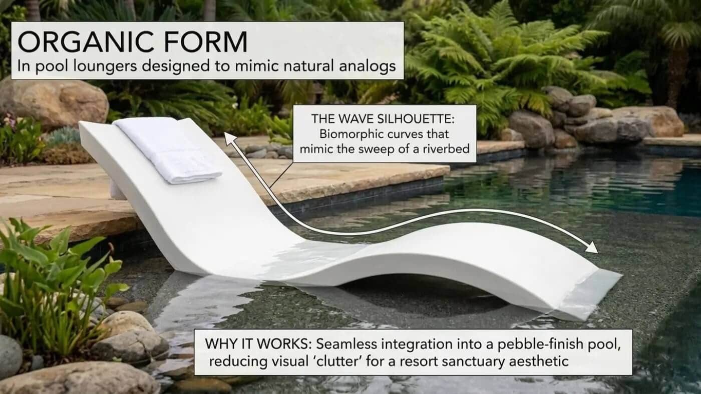 An annotated low angle photograph of a white Ledge Lounger Signature Chaise in a shallow pool. The text callouts highlight the organic form and wave silhouette of the in pool lounger as a natural analog for biophilic backyard retreats by Lux Yard and Homes.