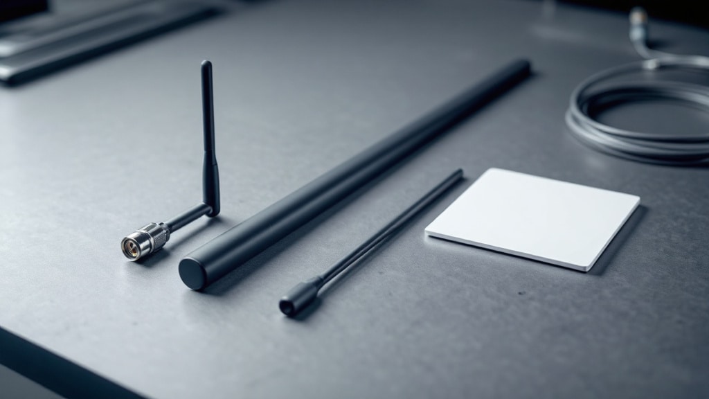 WiFi antennas on a technical workbench: omnidirectional dipole, flat panel, and directional Yagi with SMA and RP-SMA coax connectors