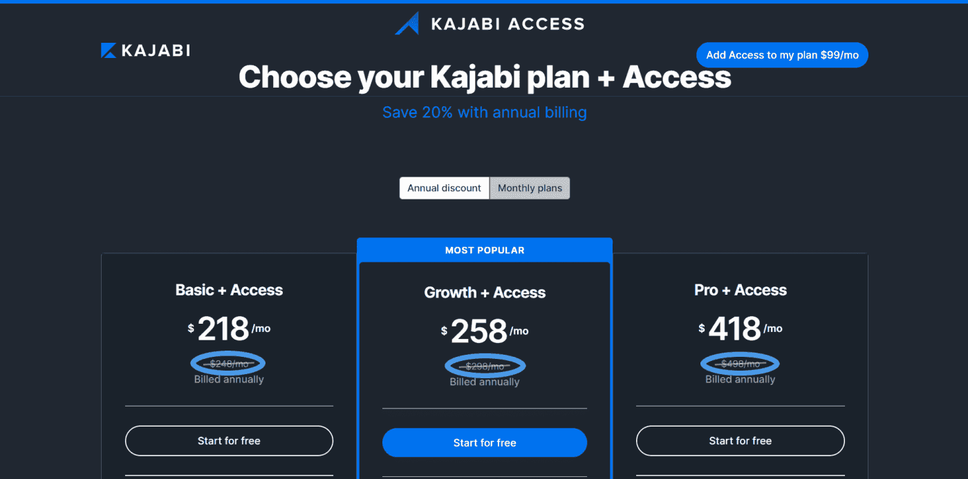 Kajabi Access pricing plans