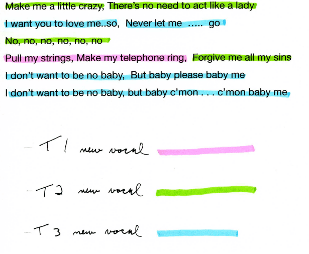 Color-coded lyrics sheet, marking good takes of a vocal performance