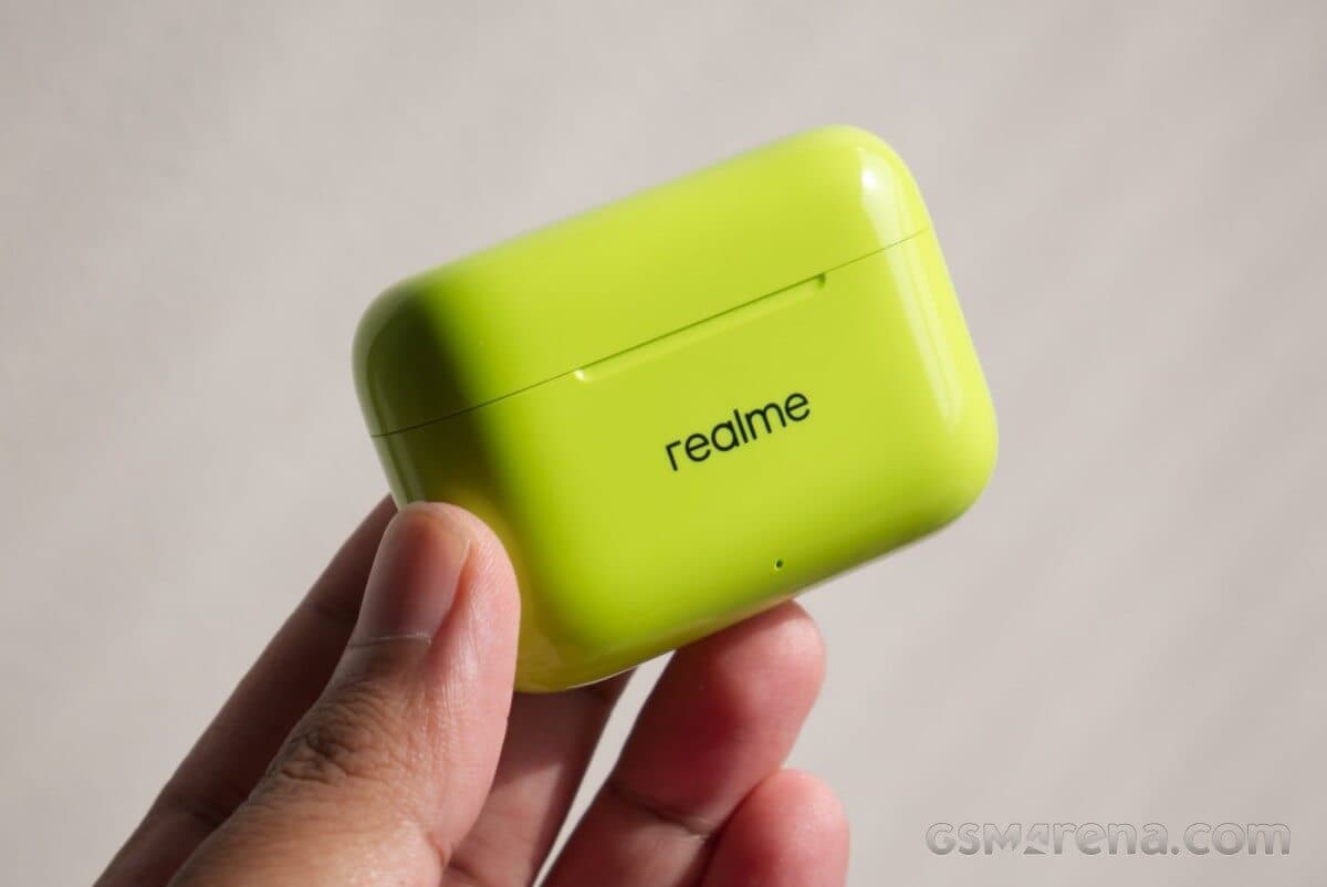 Realme Buds T200 earbuds with bright neon-green case