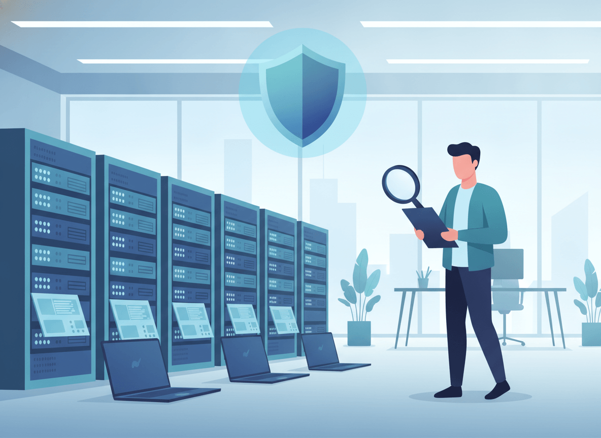 Illustration of an IT professional auditing servers and devices for security and compliance