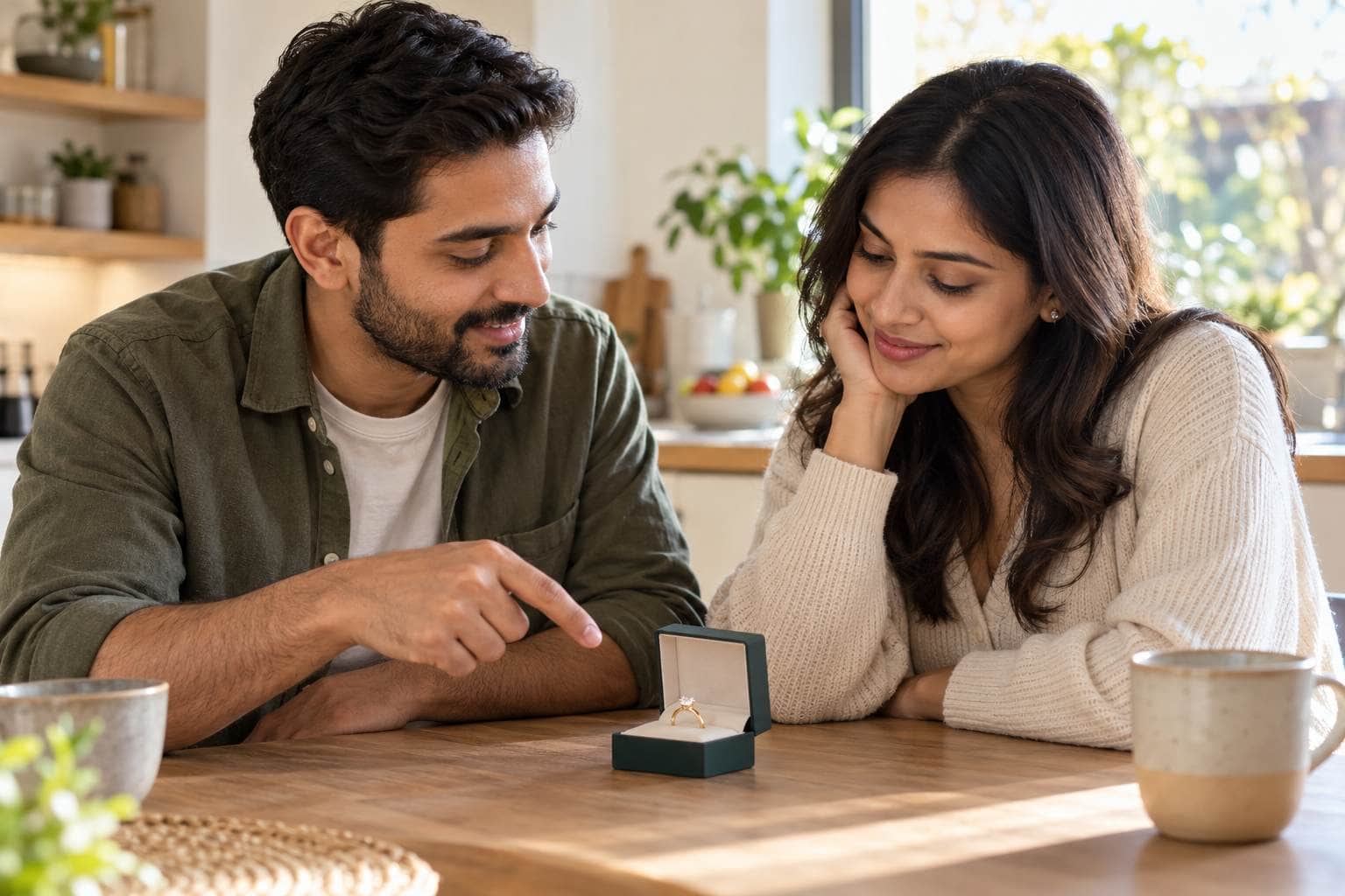A couple discussing a ring together at a kitchen table.