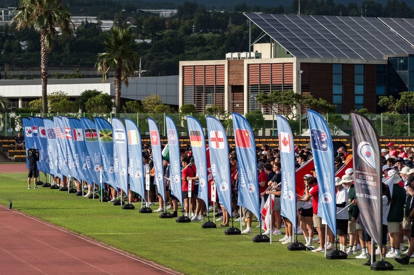 nternational teams line the field with national flags during the World Lacrosse Men’s U20 Championship, where Francisco Rosas ’26 represents �鶹ֱ�� and Mexico.