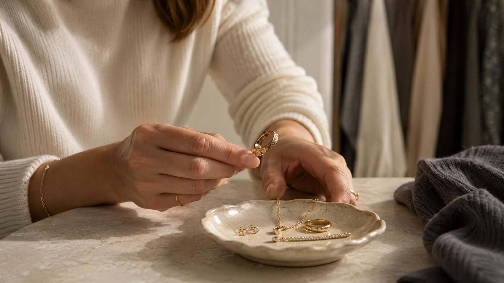 A woman selecting a favourite ring and earrings from a small personal jewellery tray beside everyday clothing.