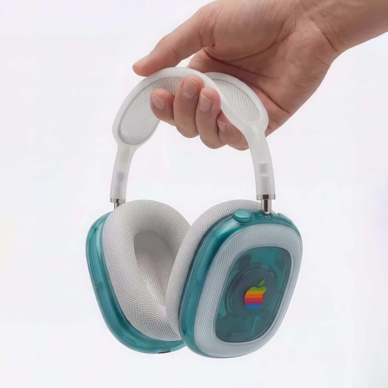 Close-up of retro Apple logo on translucent blue headphone cup