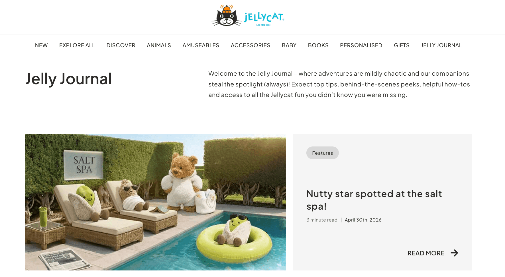 A screenshot of the Jellycat blog homepage