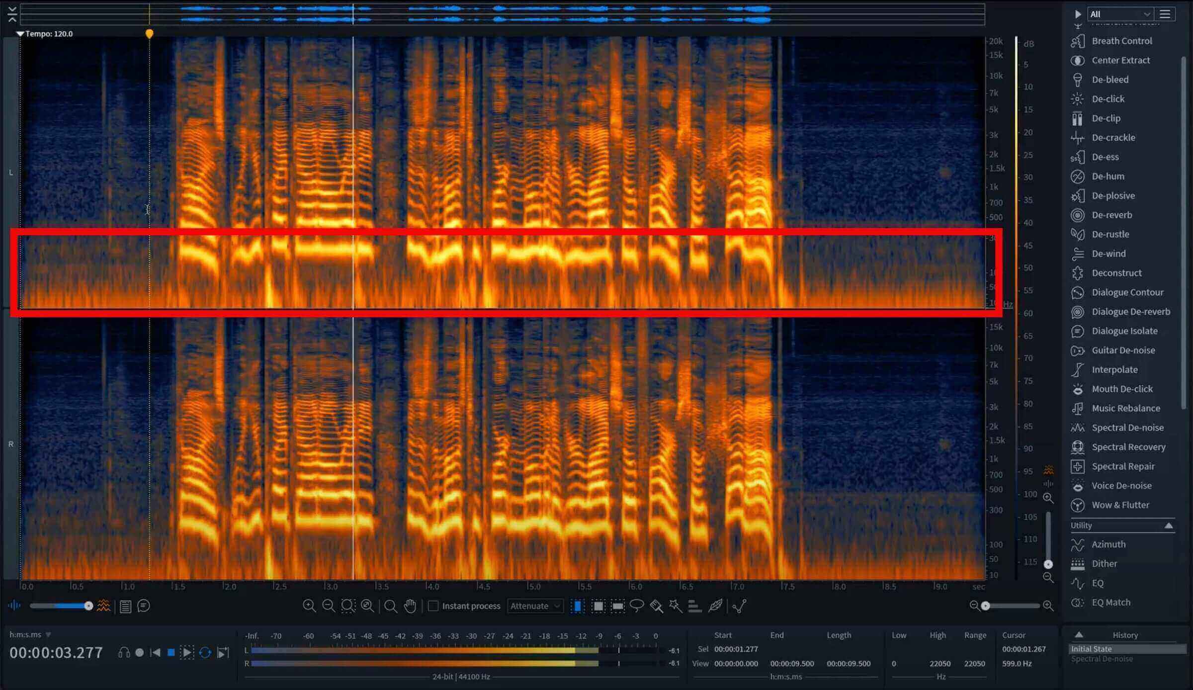 Electrical noise added to an audio signal, also known as the noise floor, viewed in the RX Spectrogram