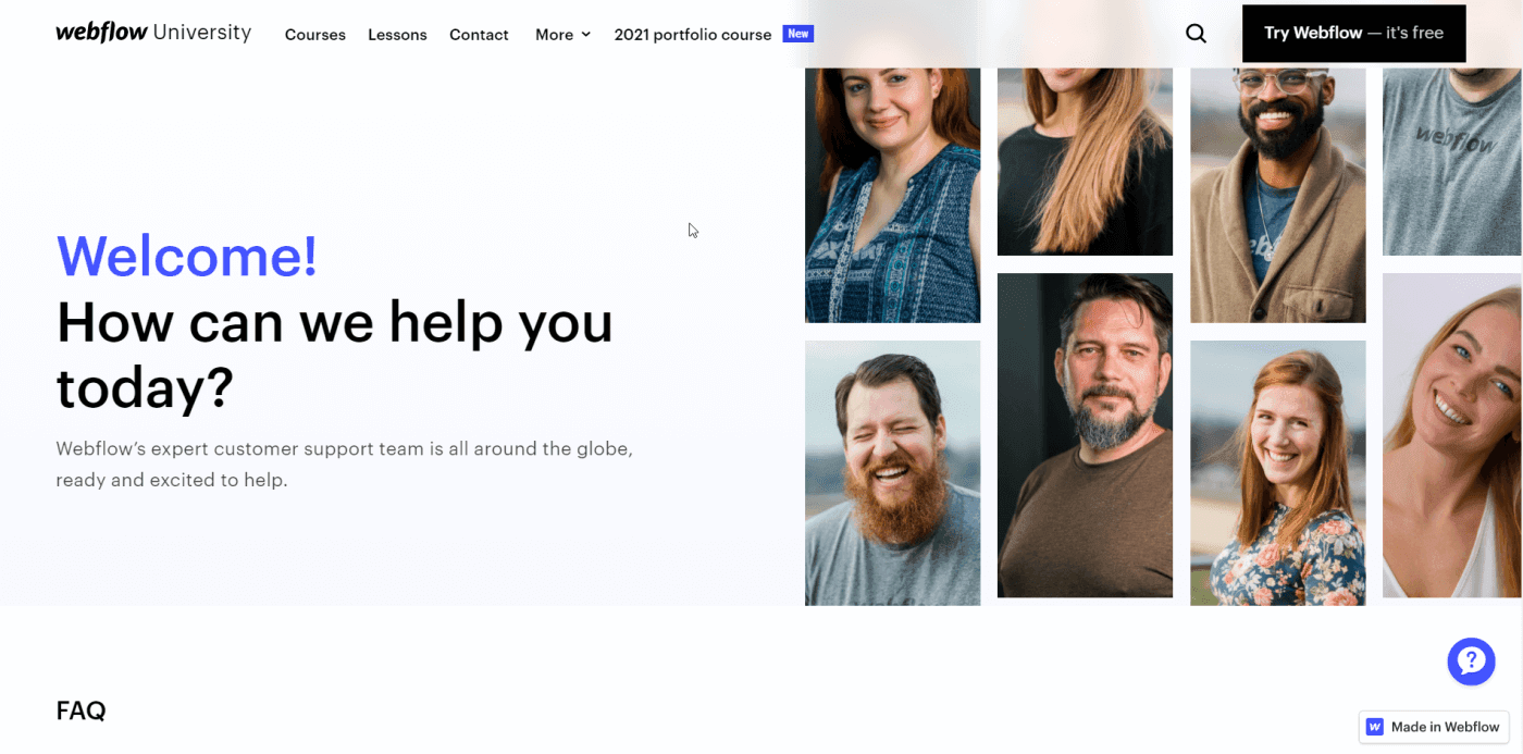 Webflow's support page 