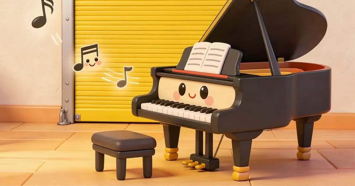 How to Move a Piano: Baby Grand Piano in Front of Yellow Storage Unit Door