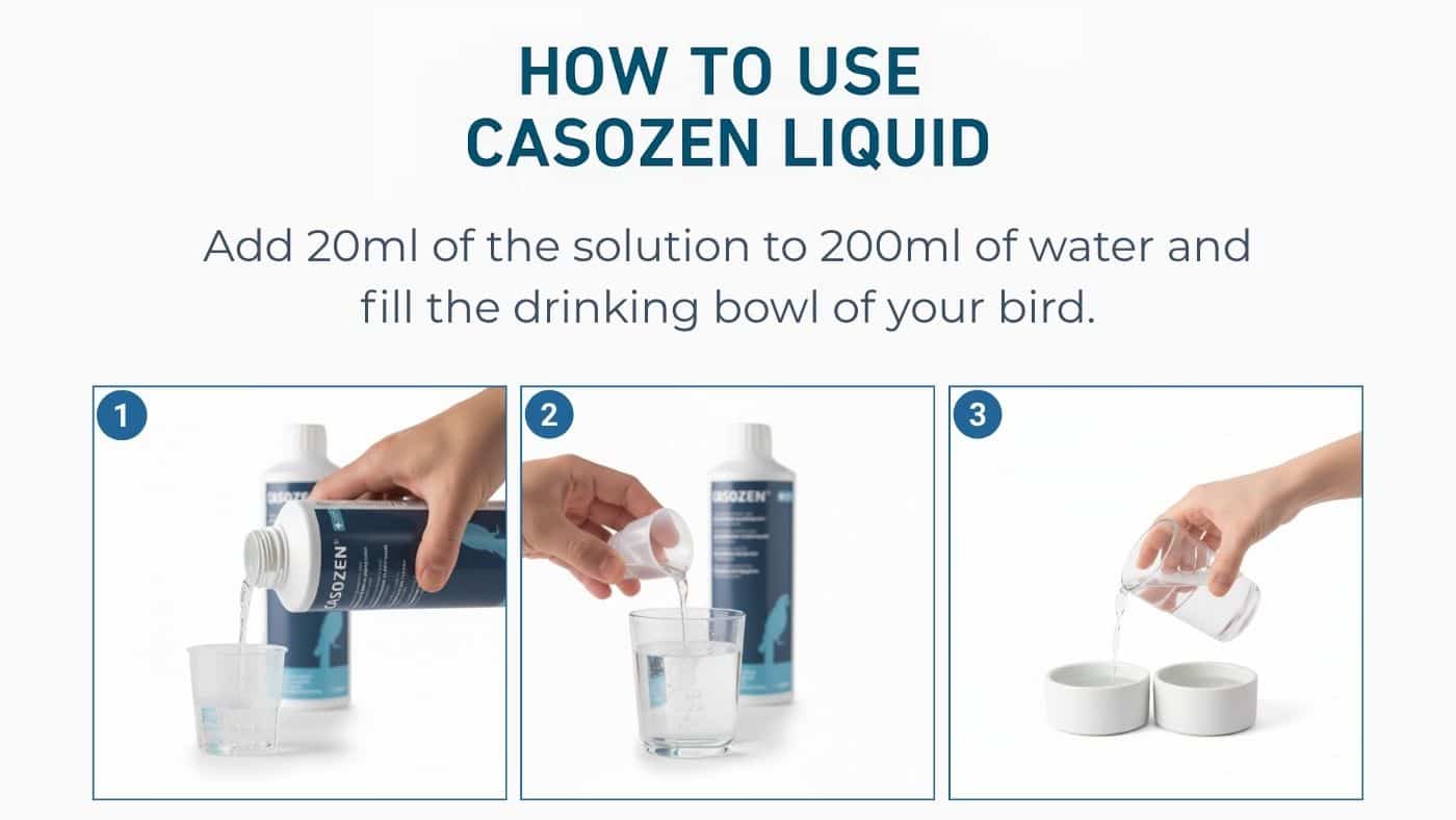 How to use Casozen Liquid for parrots, showing how to measure 20ml, dilute it in 200ml of water and prepare the drinking bowl.