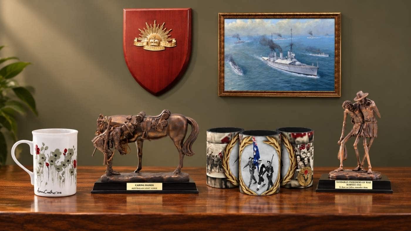 Army Plaque 7th Pattern, Fields of Poppies Bone China Mug, Centenary of First Fleet Canvas Print, The Memory of Sandakan - Borneo 1945 Figurine, Pacific Victory Drink Cooler