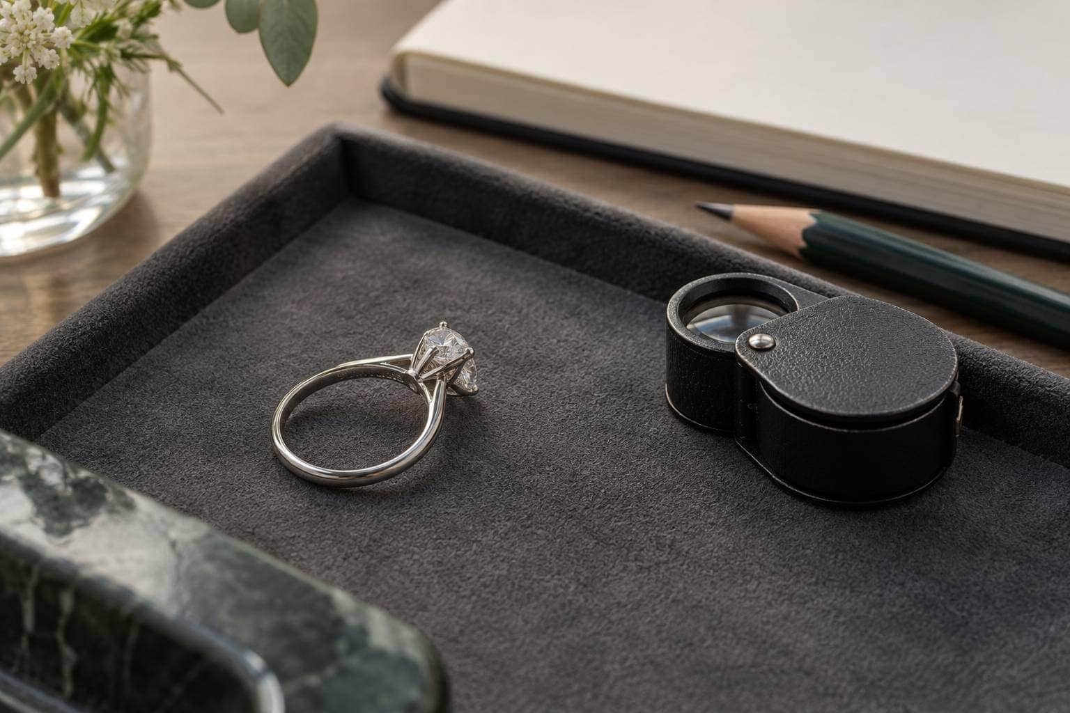 A diamond solitaire viewed from the side on a jeweller’s tray beside a loupe and blank notebook.