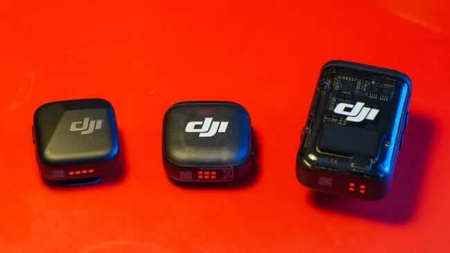 Compact and sleek DJI Mic 3 transmitter and receiver set.