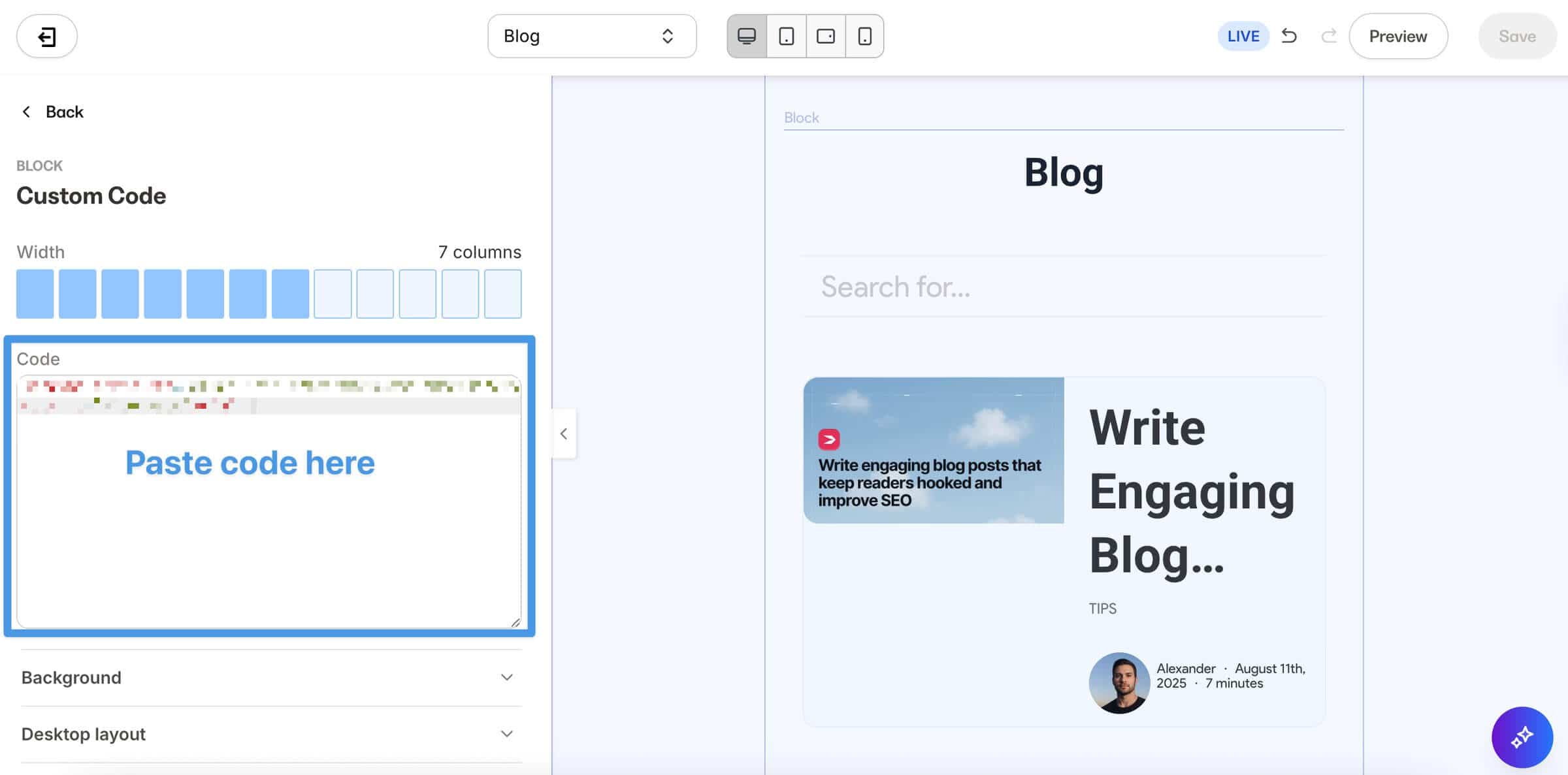 Paste DropInBlog blog code inside the Custom Code block in Kajabi